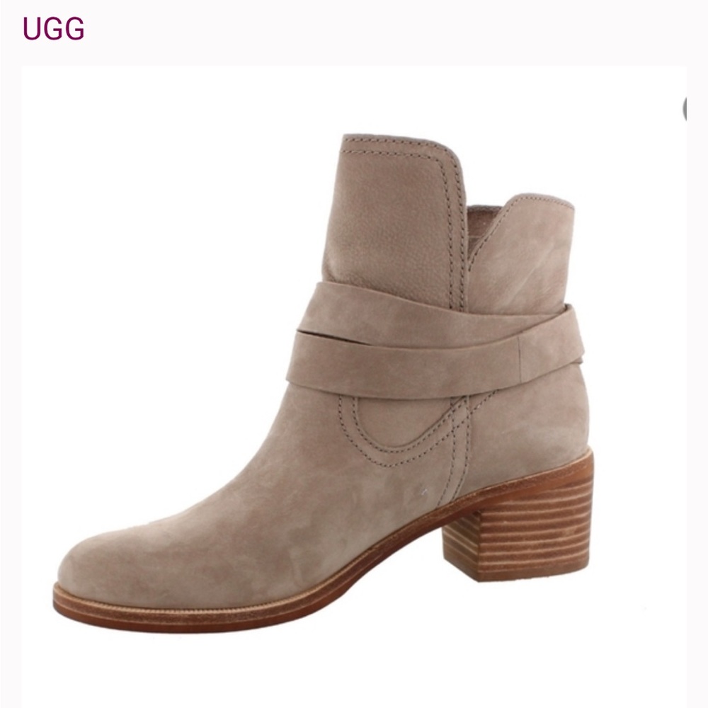 UGG Elora Women's Leather Beige Ankle Booties Block Heel 2/25 Minor stains